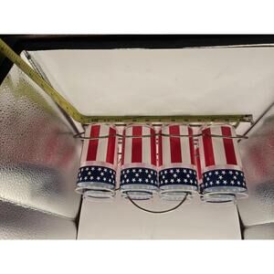 Vintage Libbey American Flag Patterned Glasses Set with Metal Carrier